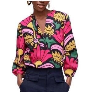 J. Crew Floral V-Neck Quarter Sleeve Black Pink Yellow Top Size M